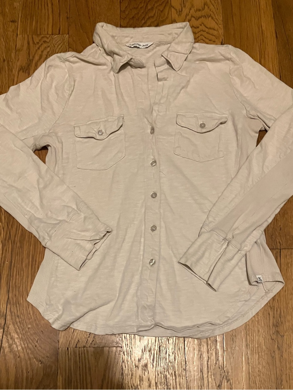 Calvin Klein Jeans Women's Button Down Shirt Ribbed Stretch Used Cream White